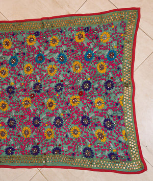 Vintage Suzani Embroidery in Teal Background with Yellow Pink Turquoise