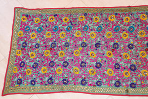 Vintage Suzani Embroidery in Teal Background with Yellow Pink Turquoise