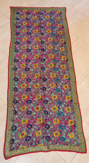 Vintage Suzani Embroidery in Teal Background with Yellow Pink Turquoise