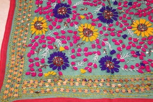Vintage Suzani Embroidery in Teal Background with Yellow Pink Turquoise