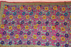 Vintage Suzani Embroidery in Teal Background with Yellow Pink Turquoise
