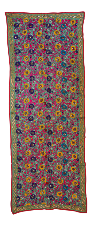 Vintage Suzani Embroidery in Teal Background with Yellow Pink Turquoise