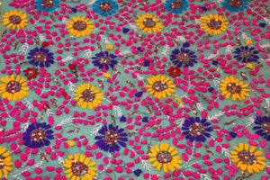 Vintage Suzani Embroidery in Teal Background with Yellow Pink Turquoise