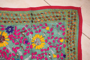 Vintage Suzani Embroidery in Teal Background with Yellow Pink Turquoise