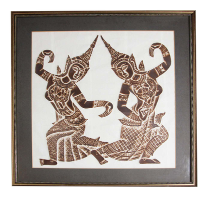 A vintage charcoal rubbing of two Thai dancers from the Wat Pho temple, framed in a gray frame.