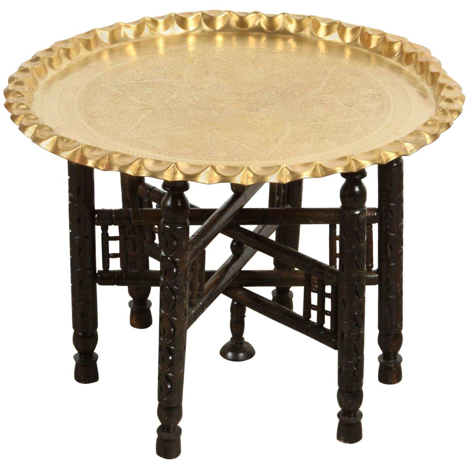 Vintage Moroccan Etched Brass Round Tray Table