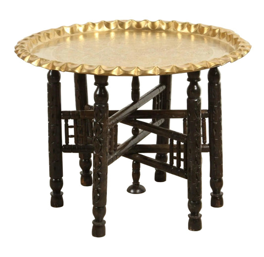 Vintage Moroccan Etched Brass Round Tray Table