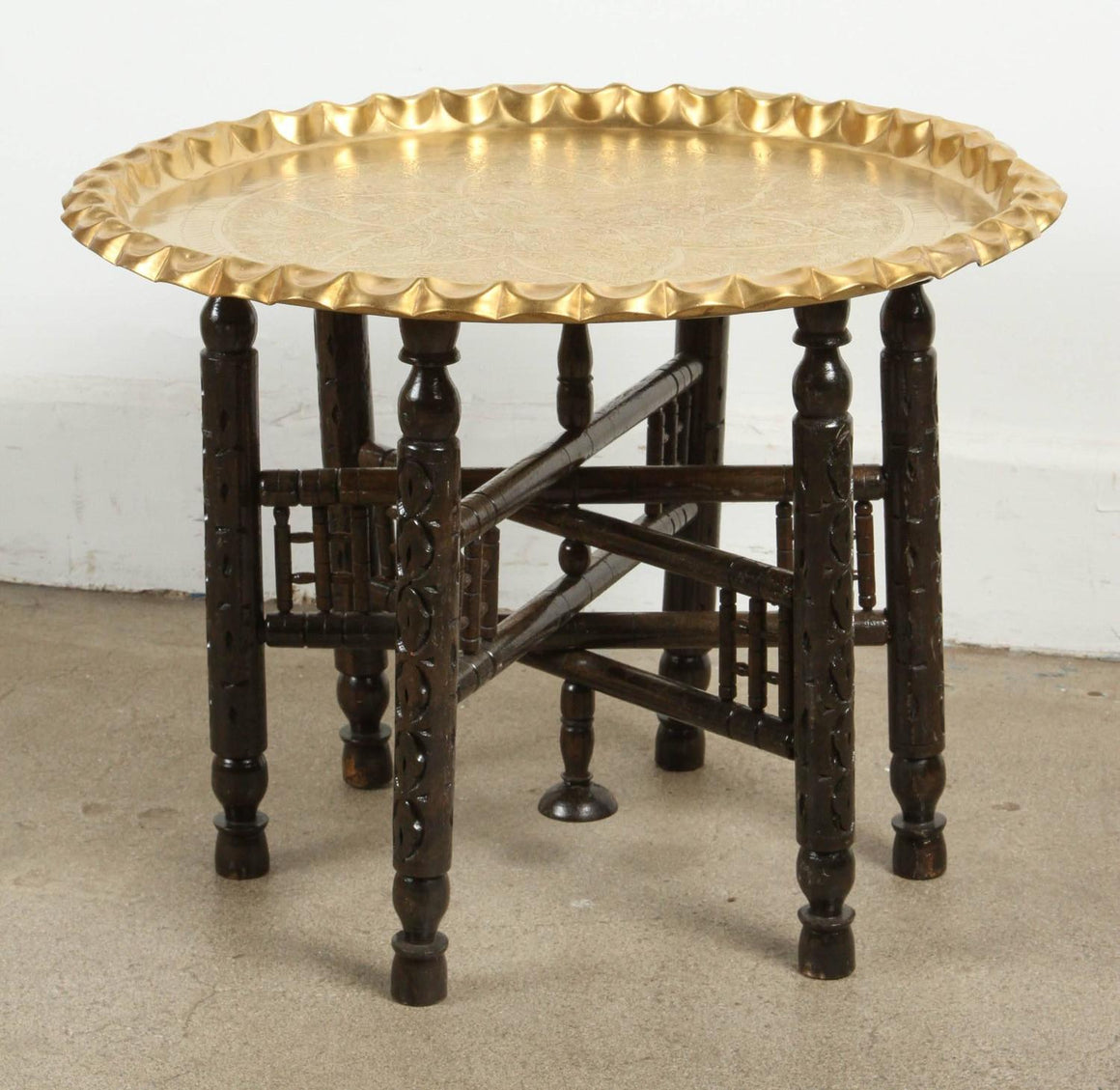 Vintage Moroccan Etched Brass Round Tray Table