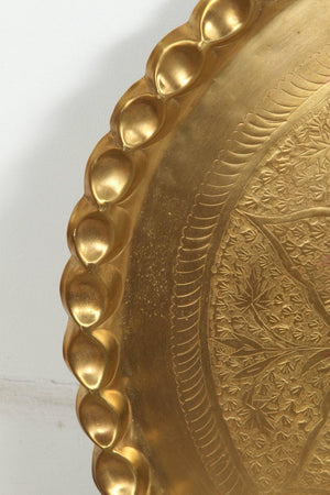 Vintage Moroccan Etched Brass Round Tray Table