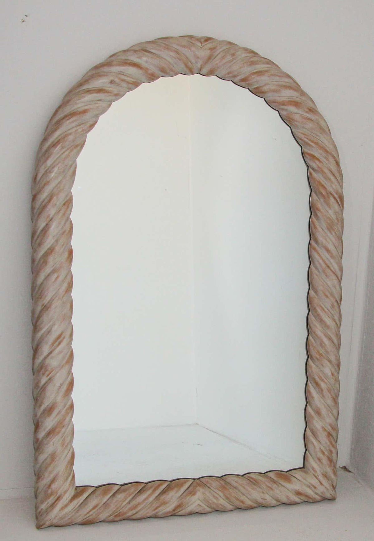 Hand-Crafted White Washed Wood Arched Wall Mirror, France, 1970